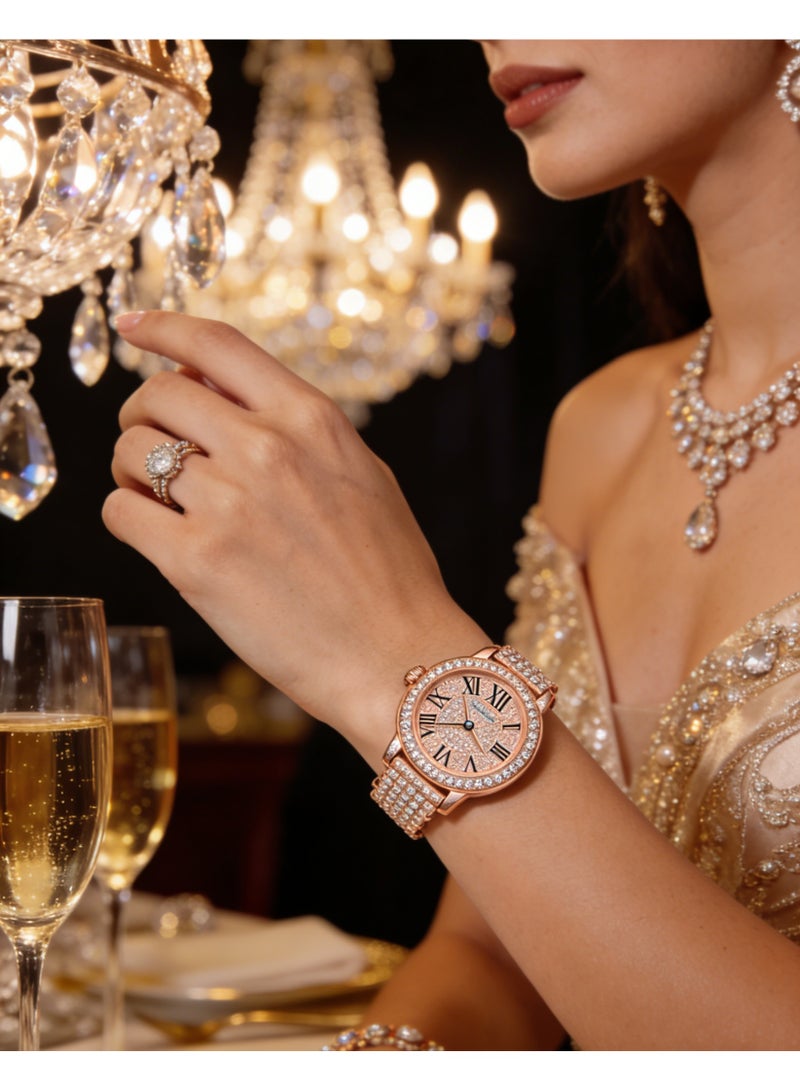 Women's Rose Gold Diamond Watch - Full Pavé Dial with Roman Numerals, 32mm Luxury Bracelet Watch for Women - Image 4